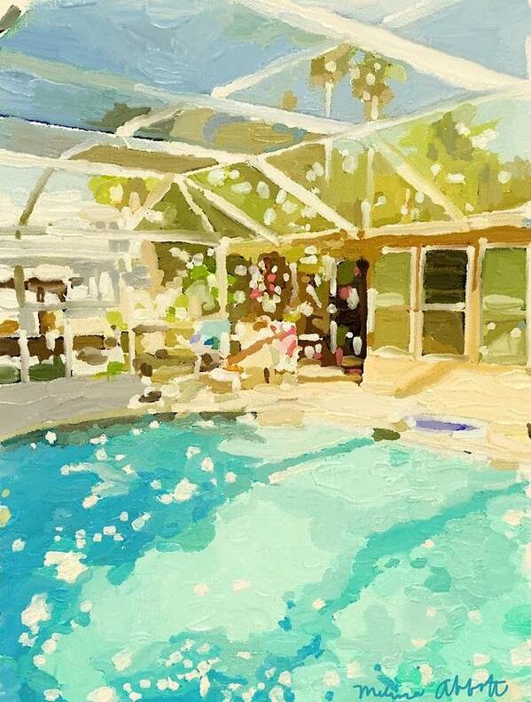 Glittering Day Art Print featuring the painting Pool and Screened Pool House by Melissa Abbott