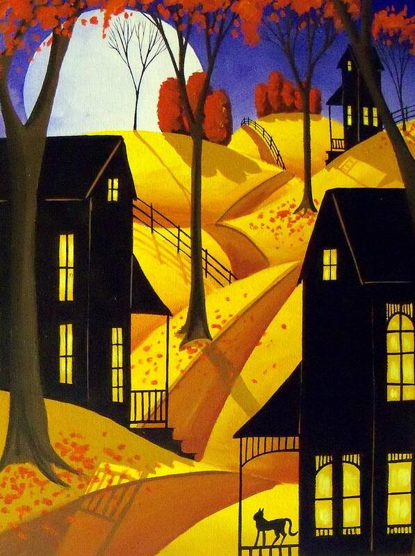Folk Art Art Print featuring the painting Porch Kitty - folk art landscape cat by Debbie Criswell