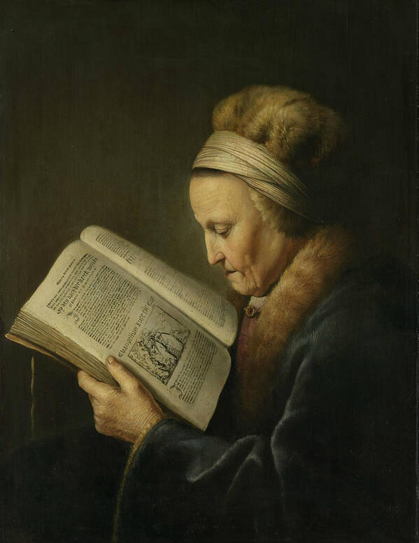 17th Century Art Art Print featuring the painting Portrait of an Old Woman Reading by Gerrit Dou