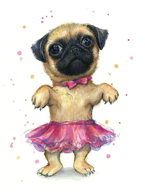 Pug Art Print featuring the painting Pug in a Tutu by Olga Shvartsur