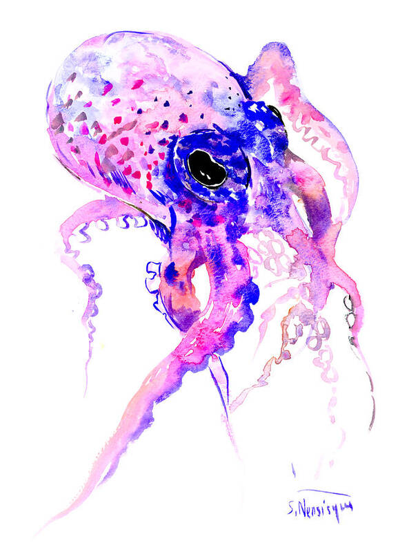 Purple Art Print featuring the painting Purple Blue Octopus by Suren Nersisyan