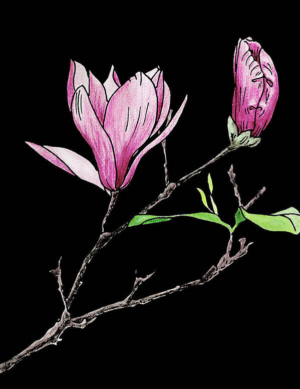 Purple Magnolia Art Print featuring the mixed media Purple Magnolia. Colored by Masha Batkova