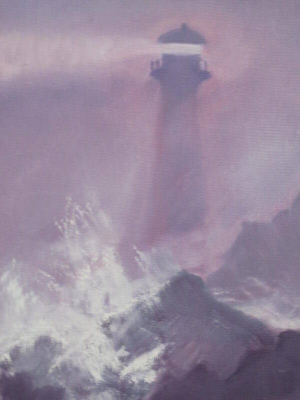 Abstract Lighthouse Storm Waves Water Rocks Purple Oil Art Print featuring the painting Purple Storm by Sharyn Winters