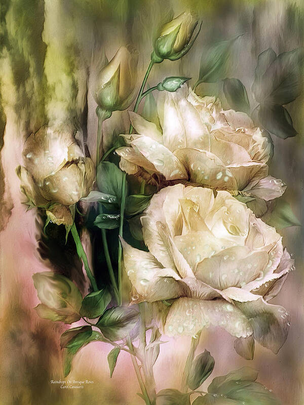 Rose Art Print featuring the mixed media Raindrops On Antique White Roses by Carol Cavalaris