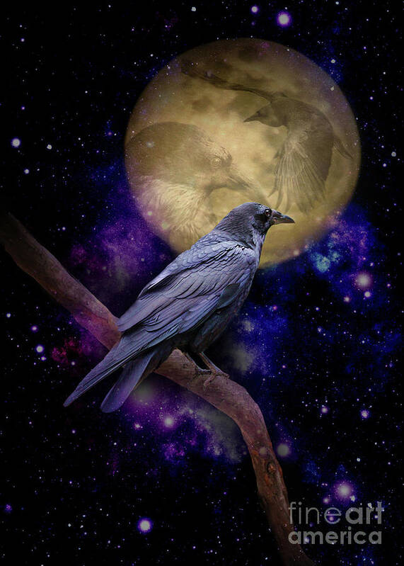 Raven Art Print featuring the photograph Raven Moon Mystic Animal Totems Galaxy Universe by Stephanie Laird