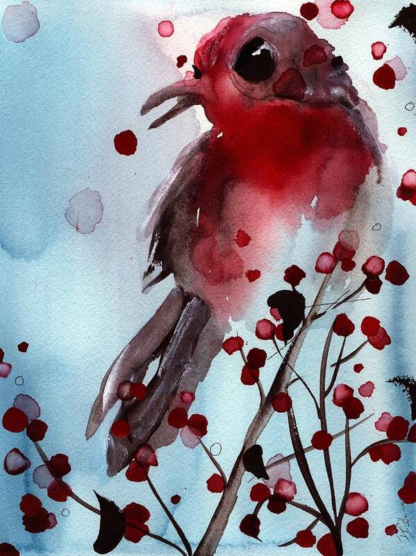Finch Art Print featuring the painting Red Finch in the Winterberry by Dawn Derman