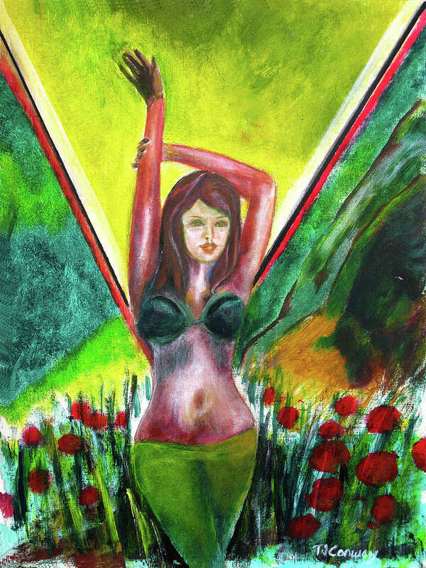 Flowers Art Print featuring the painting Red Flowers and the Girl in Green by Tom Conway