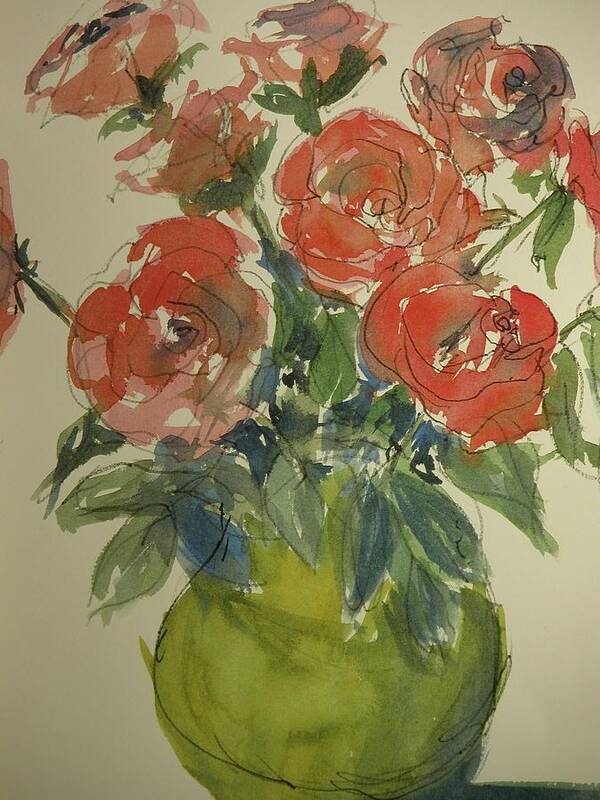 Walt Maes Art Print featuring the painting Red roses in a green vase by Walt Maes