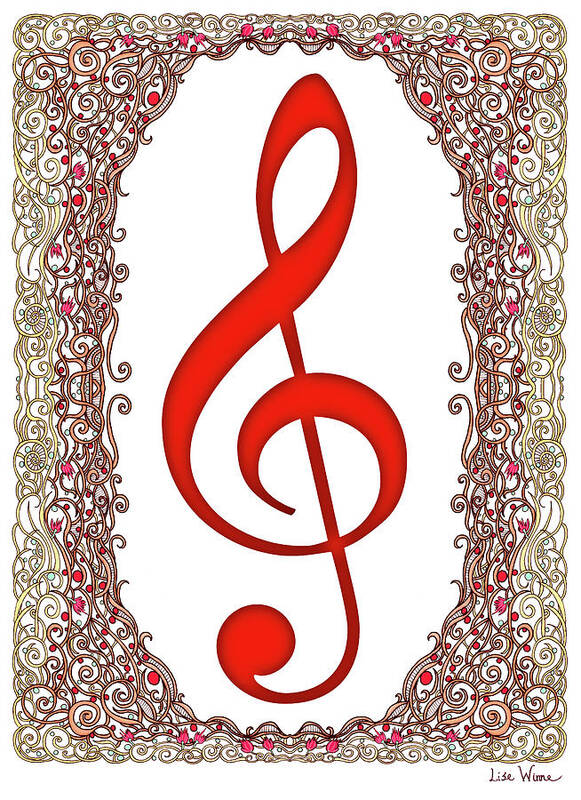 Lise Winne Art Print featuring the digital art Red Treble Clef With Copper Border by Lise Winne