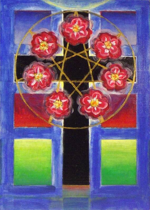 Rose Cross With 7 Pointed Star Art Print featuring the painting Rose Cross with 7 Pointed Star, Stephen Hawks 2015 by Stephen Hawks