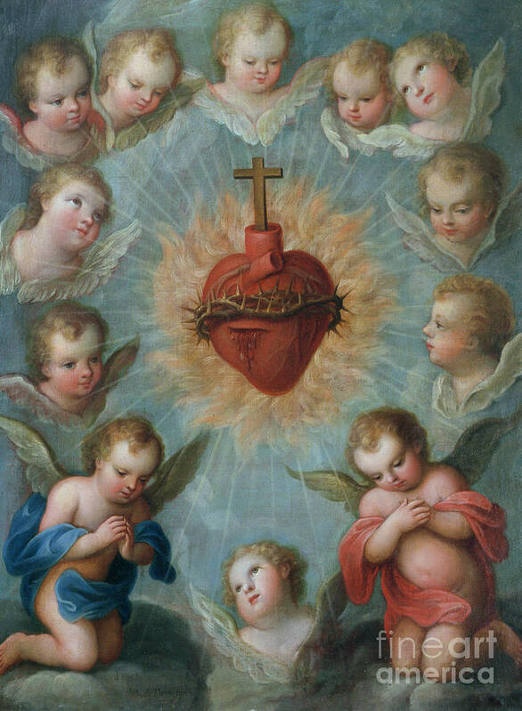 Thorns Art Print featuring the painting Sacred Heart of Jesus surrounded by angels by Jose de Paez