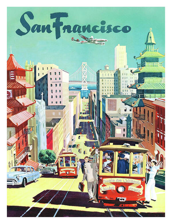 San Francisco Art Print featuring the painting San Francisco, city, tramway, vintage travel Poster by Long Shot