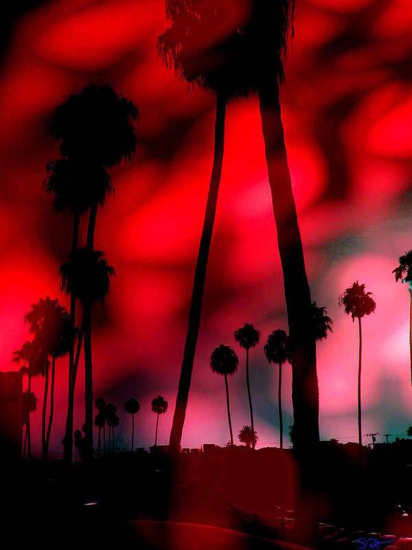 Sunrise Art Print featuring the digital art Santa Monica Palms Fiery Red Sunrise Silhouette by Abstract Angel Artist Stephen K