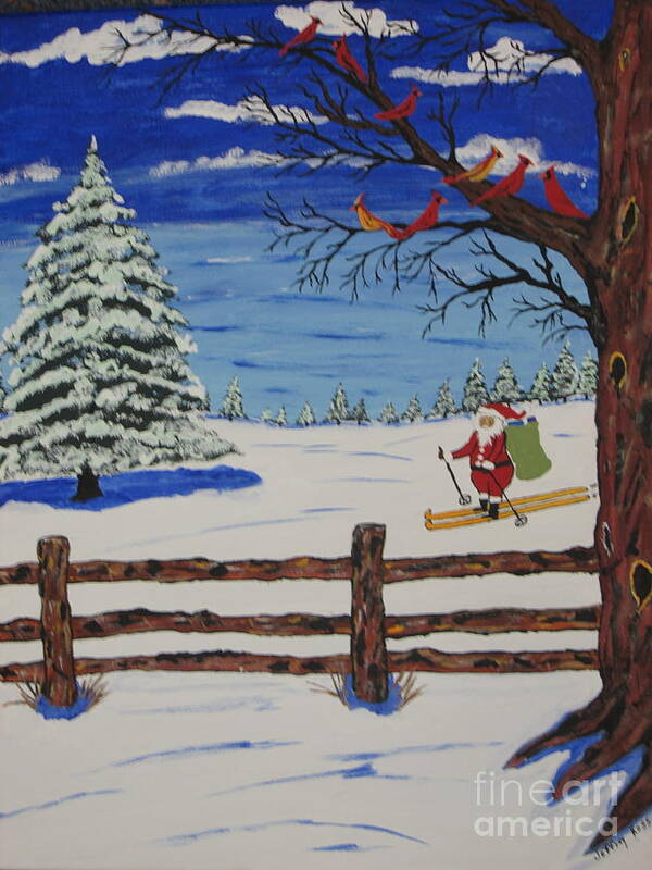  Art Print featuring the painting Santa On Skis by Jeffrey Koss