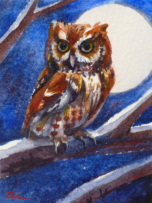 Owl Print Art Print featuring the painting Screech Owl and Full Moon by Janet Zeh