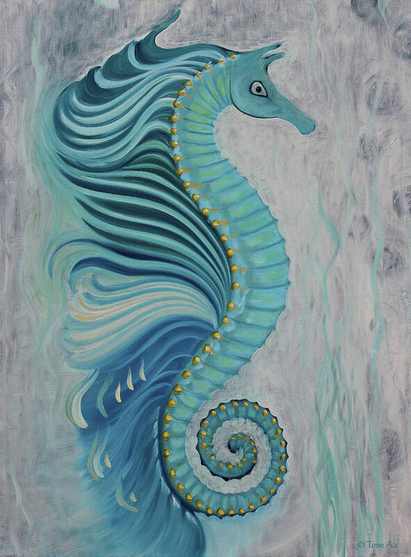 Sea Art Print featuring the painting Sea Horse Visit by Tone Aanderaa