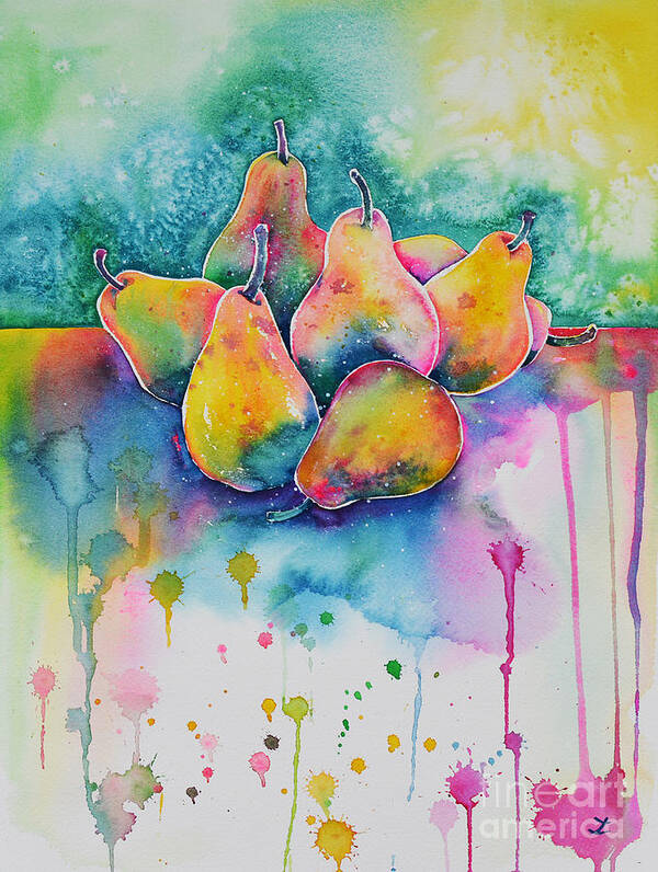 Pear Art Print featuring the painting Seven Pears on the Table by Zaira Dzhaubaeva