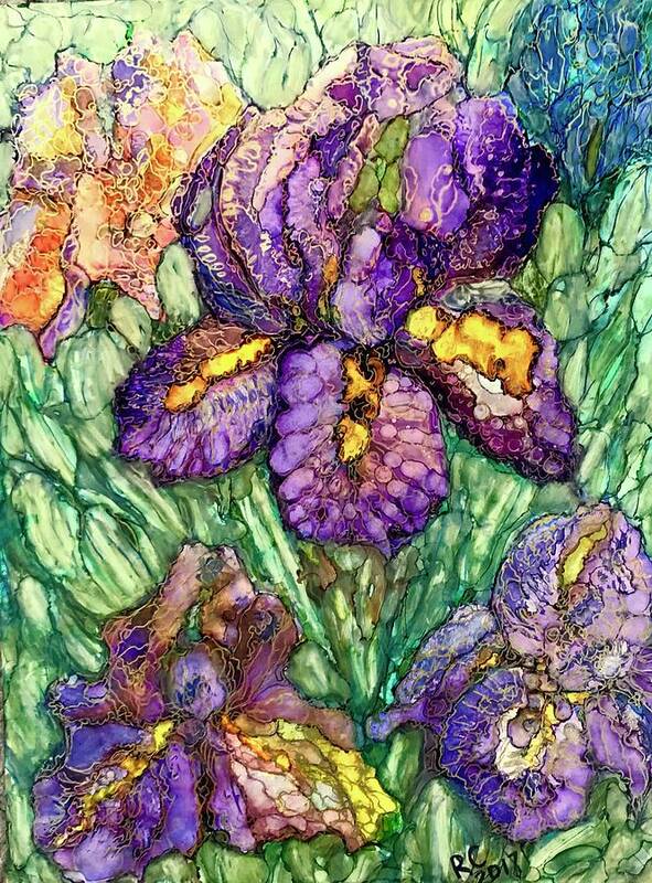 Iris Art Print featuring the painting Shimmering Irises by Rae Chichilnitsky