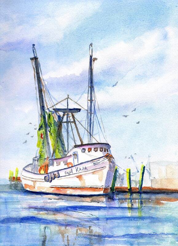 Shrimp Boat Art Print featuring the painting Shrimp Boat Gulf Fishing by Carlin Blahnik CarlinArtWatercolor