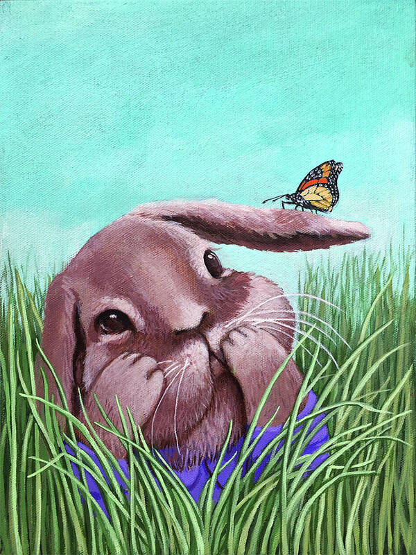 Bunny Art Print featuring the painting Shy Bunny - original painting by Linda Apple