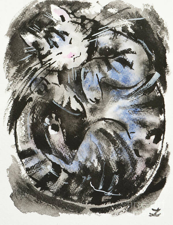 Tabby Cat Art Print featuring the painting Sleeping Tabby Cat by Zaira Dzhaubaeva