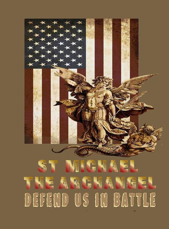 St Michael Art Print featuring the mixed media St Michael the Archangel and USA Flag 103 by Hieronymus - Detail