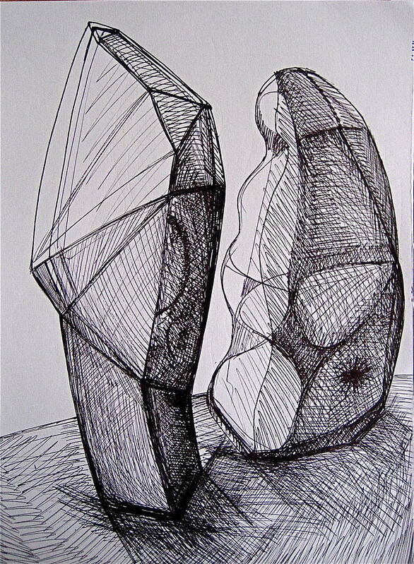 Ink Dawing Art Print featuring the drawing Standing Forms by Stephen Hawks