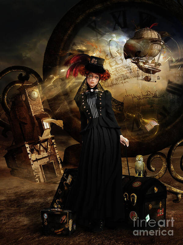 Steampunk Time Travel Art Print featuring the digital art Steampunk Time Traveler by Shanina Conway