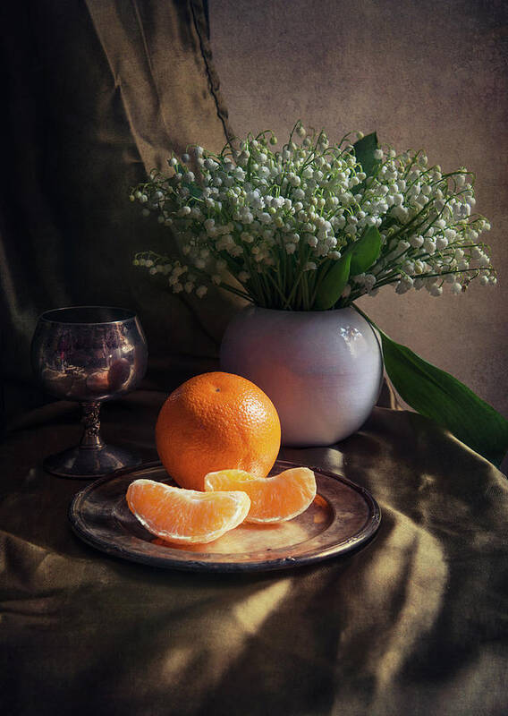 Basket Art Print featuring the photograph Still life with fresh flowers and tangerines by Jaroslaw Blaminsky