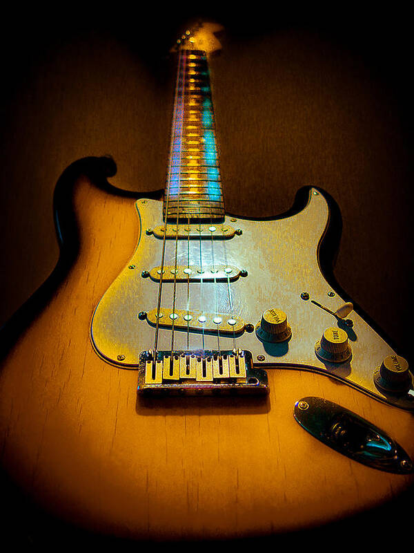 Guitar Art Print featuring the digital art Stratocaster Tobacco Burst Glow Neck Series by Guitarwacky Fine Art
