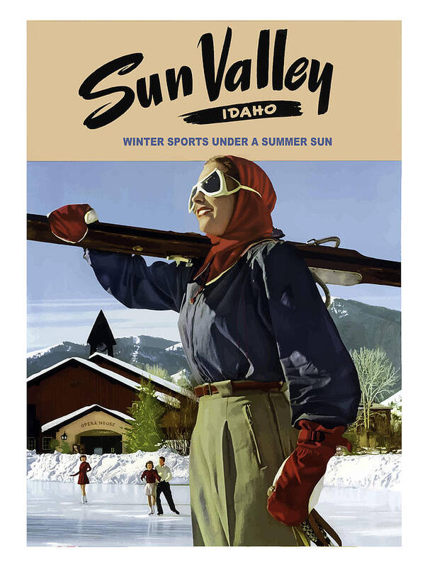 Sun Valley Art Print featuring the painting Sun Valley, Idaho, woman with ski by Long Shot