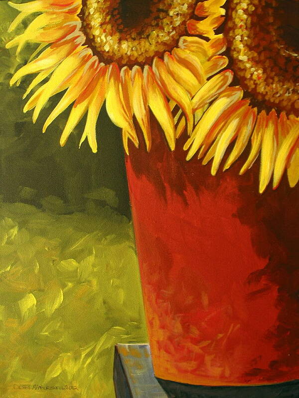 Painting Art Print featuring the painting Sunflowers In Red Bucket by Debbie Criswell