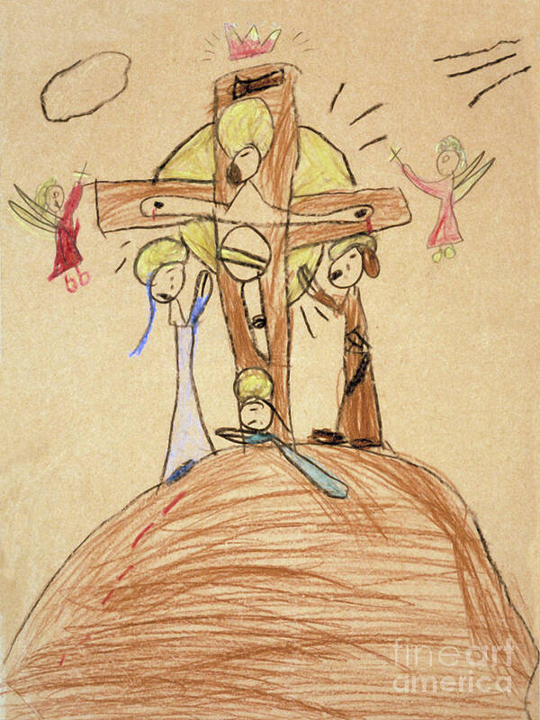 The Crucifixion By Fr.bill At Age 5 Art Print featuring the drawing The Crucifixion By Fr. Bill at age 5 by William Hart McNichols