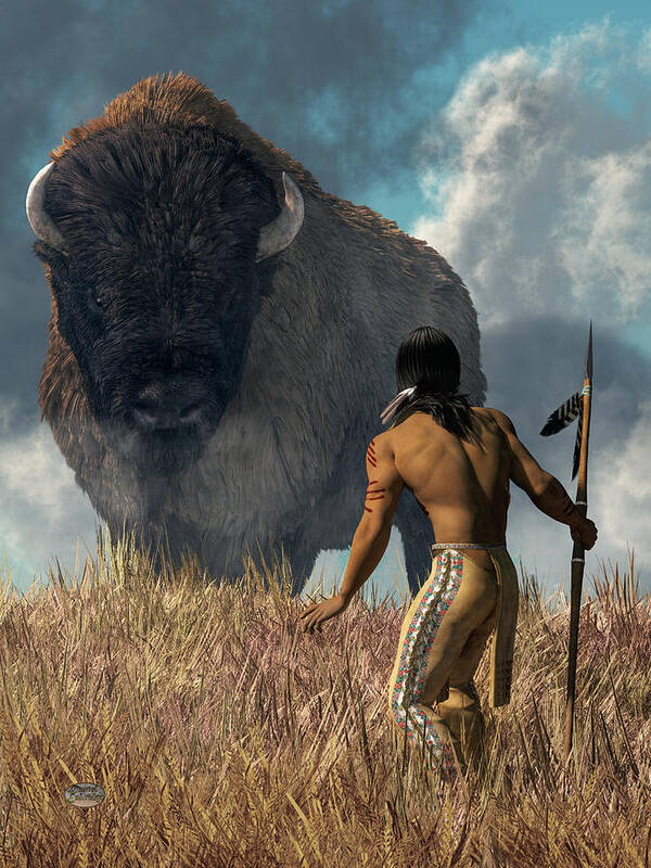 The Hunter And The Buffalo Art Print featuring the digital art The Hunter and the Buffalo by Daniel Eskridge