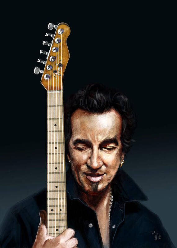 Bruce Springsteen Art Print featuring the painting The Man and His Guitar by Arie Van der Wijst