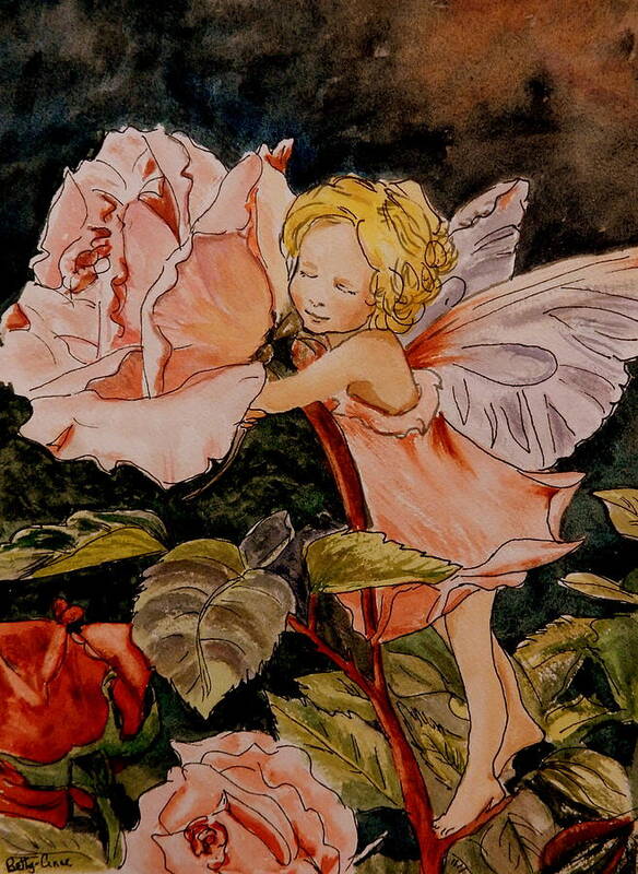 Roses Art Print featuring the painting The Rose Fairy After Cicely Mary Barker by Betty-Anne McDonald