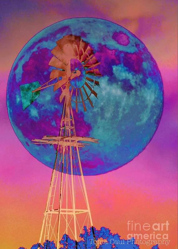 Moon Art Print featuring the photograph The Windmill and Moon in a Sherbet Sky by Toma Caul