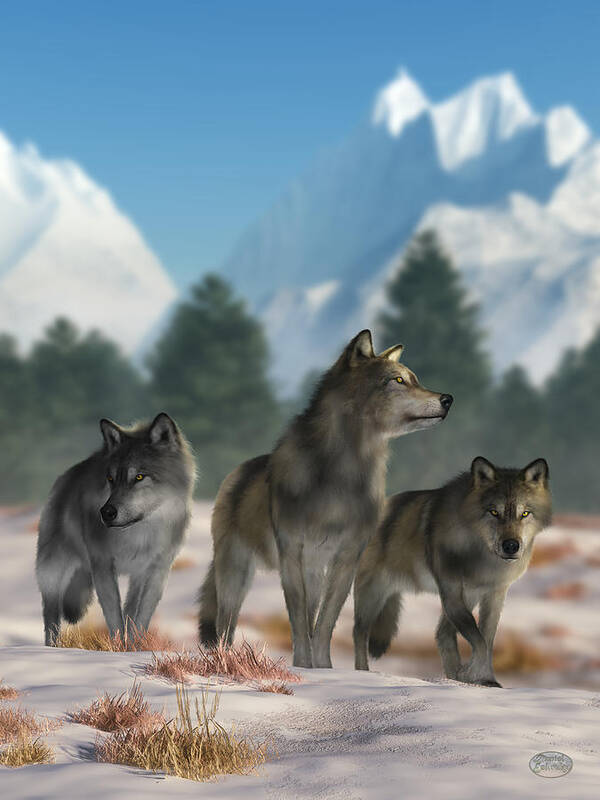 Three Wolves Art Print featuring the digital art Three Wolves by Daniel Eskridge