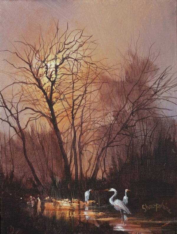 Cranes Art Print featuring the painting Threefold by Tom Shropshire