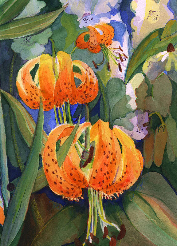 Flower Art Print featuring the painting Tiger lily parachutes by Nancy Watson