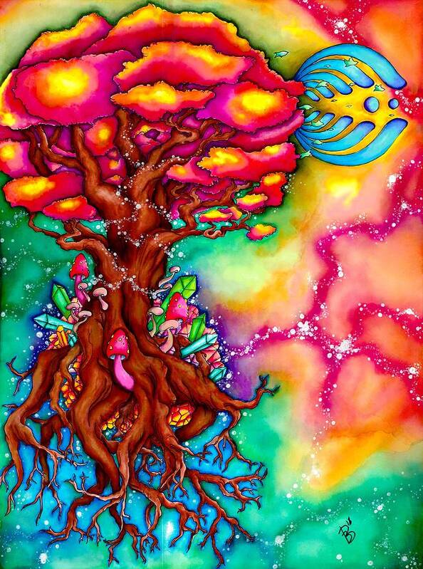 Tree Trippy Trip Edm Electronic Dace Music Acid Lsd Shrooms Mushrooms Crystals Bassnectar Nature Birds Space Stars Galaxies Universe Psychonaut Space Cadet Art Print featuring the painting Trippy Tree by Brook Nelson