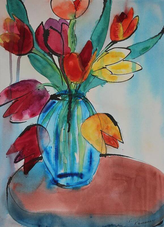 Tulips Art Print featuring the painting Tulips in a Blue Glass Vase by Ruth Kamenev
