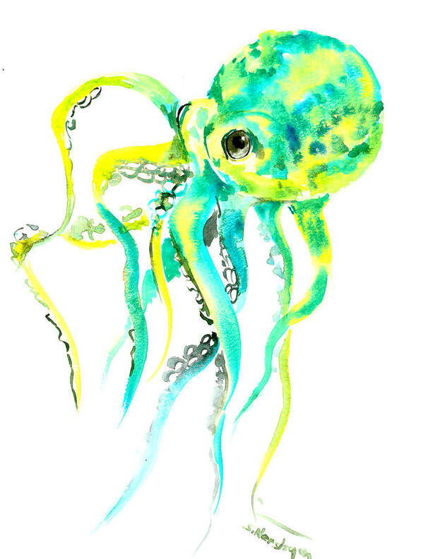 Turquoise Art Art Print featuring the painting Turquoise Green Octopus by Suren Nersisyan
