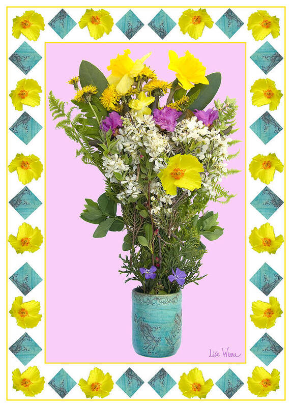 Daffodils Art Print featuring the digital art Turquoise Vase with Spring Bouquet by Lise Winne