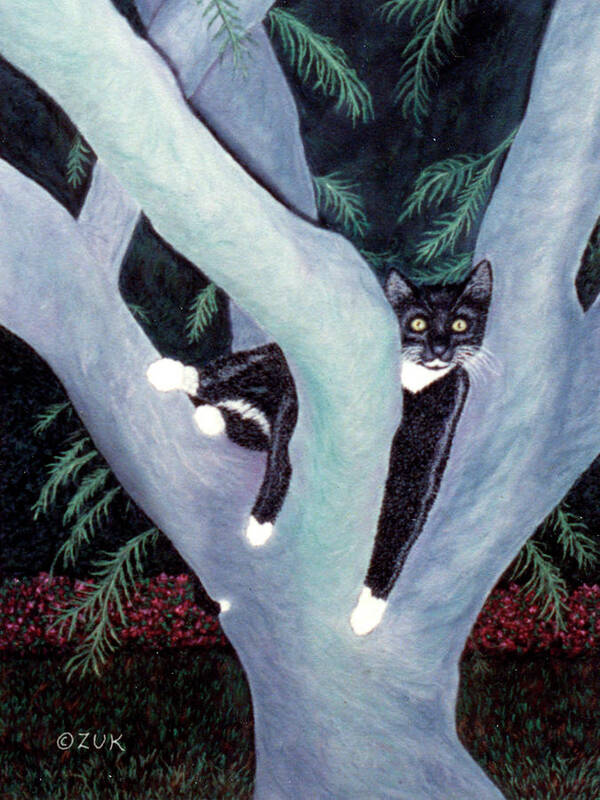 Karen Zuk Rosenblatt Art Print featuring the painting Tuxedo Cat in Mimosa Tree by Karen Zuk Rosenblatt