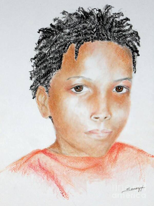 Boy Art Print featuring the drawing Twists, at 9 -- Portrait of African-American Boy by Jayne Somogy