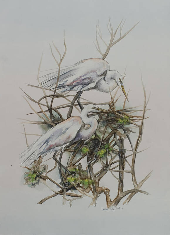 Egrets Art Print featuring the painting Two Egrets in a Tree by Laurie Tietjen