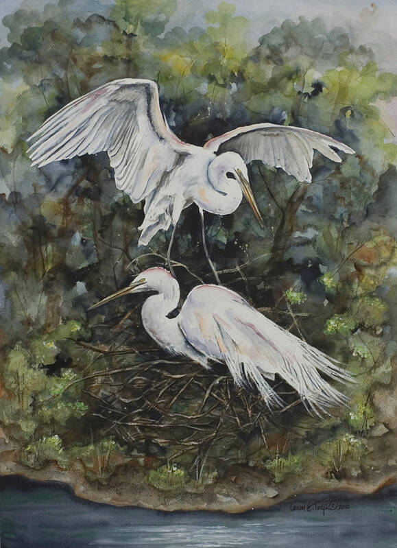 Egrets Art Print featuring the painting Two Snowy Egrets by Laurie Tietjen