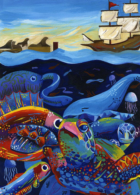 Underwater Water Ocean Species Boat Ship Sea Lion Dock Waves Eel Fish Turtle Jelly Art Print featuring the painting Under the Sea by Alisha Yang 8th grade by California Coastal Commission