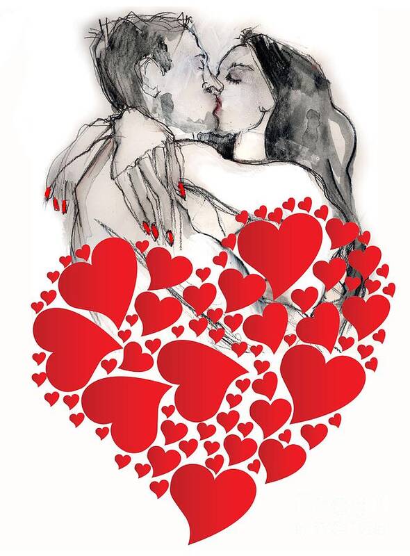 Valentine's Day Art Print featuring the painting Valentine's Kiss - Valentine's Day by Carolyn Weltman
